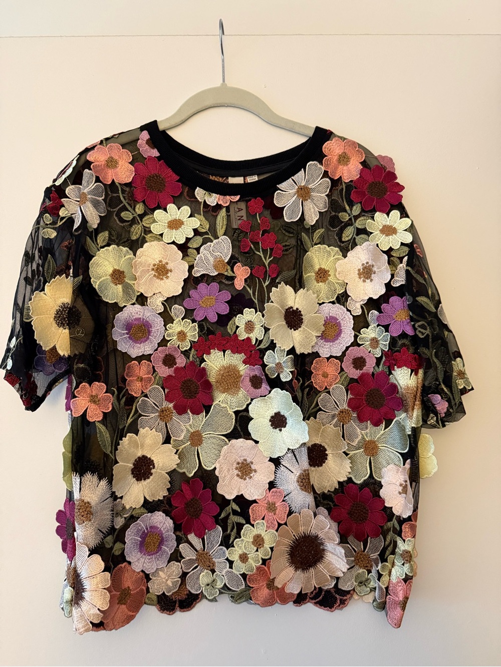 dolan Black Mesh Short Sleeve Top with Multicolor Floral Embroidery